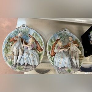 2 Vintage 9" Oval Ucagco Ceramic Wall Plaques "Colonial Courting Scene" Japan